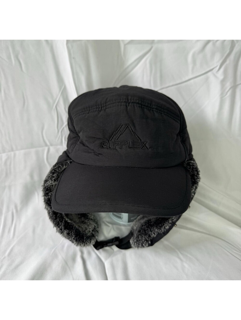 Supplex Trapper Hat One Size Black Gray Faux Fur Ear Flap Winter NWOT